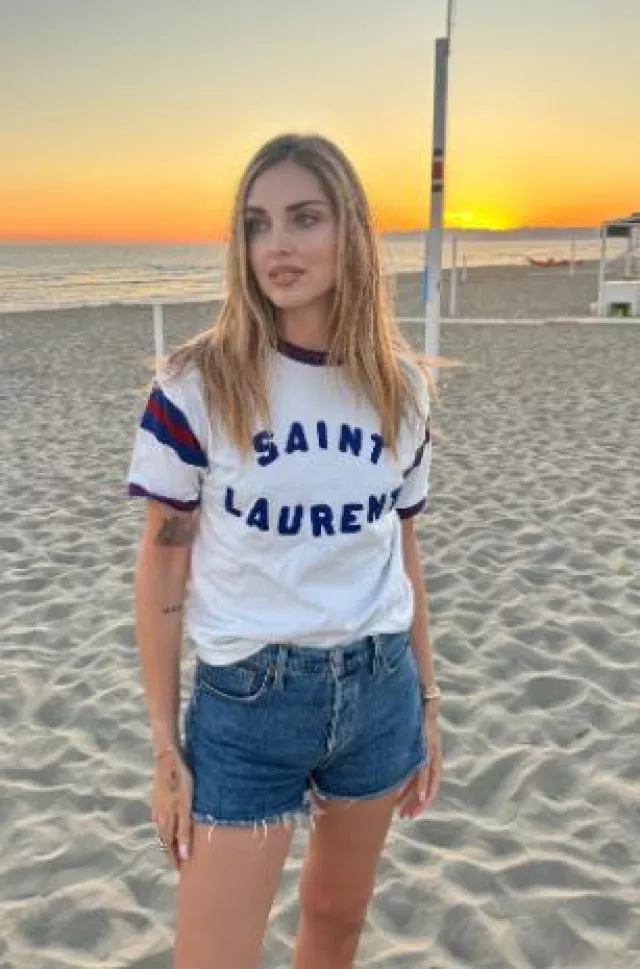 Saint Laurent College T Shirt worn by Chiara Ferragni on her Instagram Story on May 30, 2025