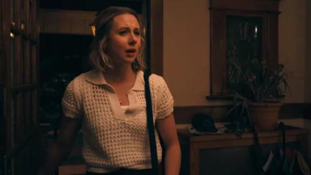 White Crochet Short Sleeve Polo Top worn by Billie (Lucy Freyer) as seen in Adults (S01E01)