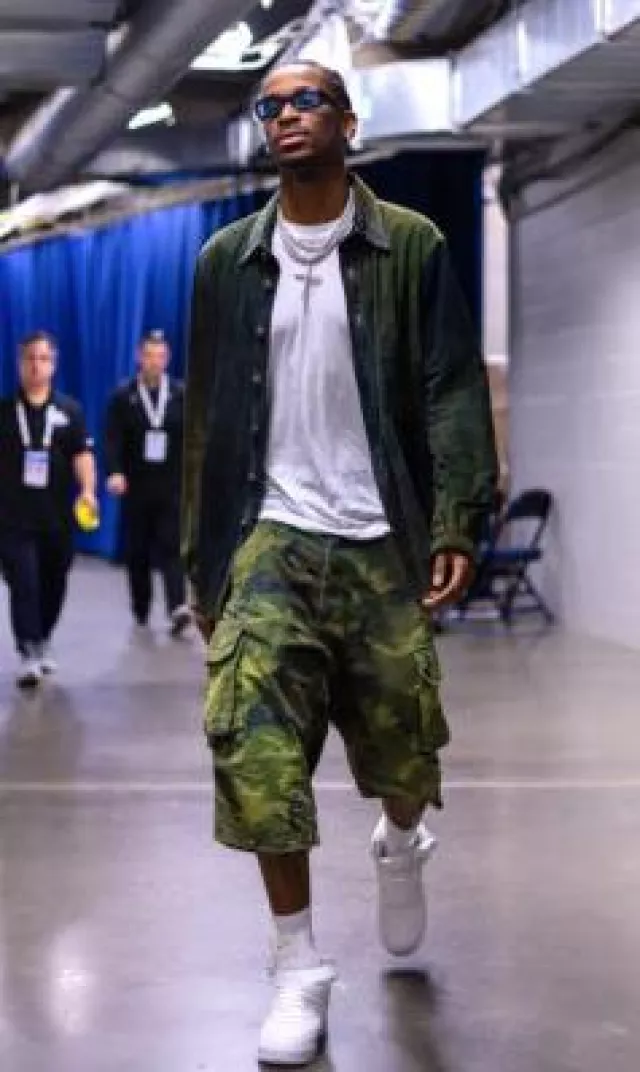 Chrome Hearts Green Tie Dye Suede Button Up Shirt worn by Shai Gilgeous-Alexander on the Instagram account @timberwolves
