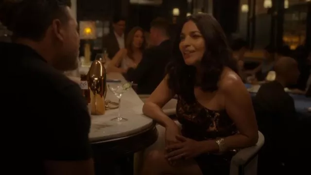Balenciaga Snakeskin-Print Sequinned Mini Dress worn by Seema Patel (Sarita Choudhury) as seen in And Just Like That… (S03E02)