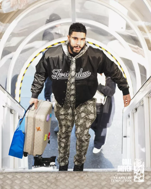 Jordan Black Script Logo MVP Bomber Jacket worn by Jayson Tatum on the Instagram account @celtics