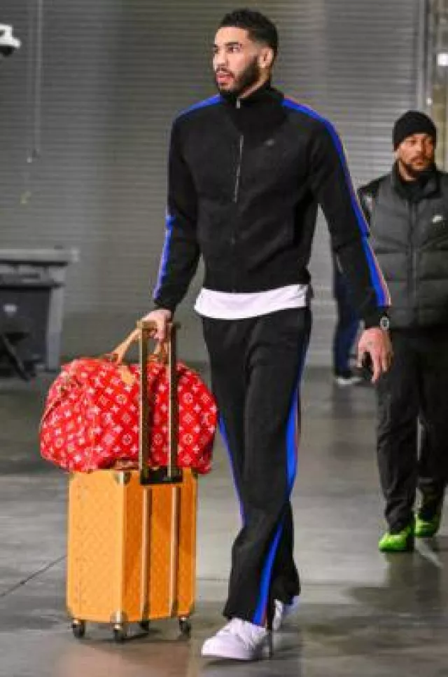 Wales Bonner Black Tide Stripe Trackpants worn by Jayson Tatum on the Instagram account @celtics