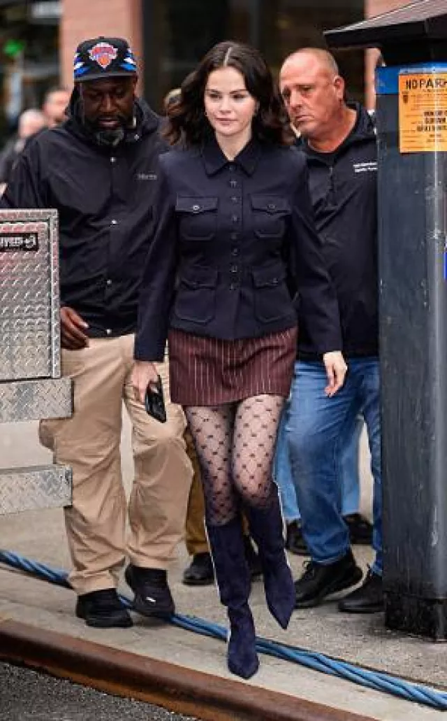 Jeffrey Campbell Black Racing Stripes Kitten Heel Boots worn by Selena Gomez in New York City post on June 9, 2025