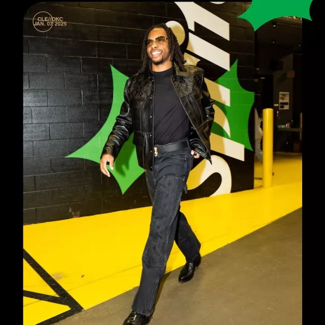 Louis Vuitton Black Monogram Leather Field Jacket worn by Darius Garland on the Instagram account @cavs