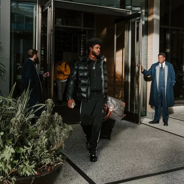 Moncler Palm Angels Black & White-Stripe Track Jacket worn by Scoot Henderson on the Instagram account @trailblazers