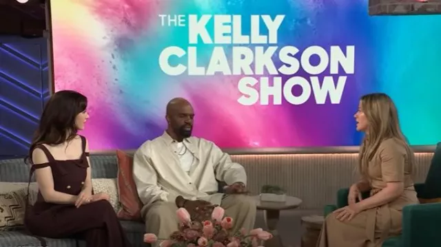 Shoshanna Keri Vestido camisero midi de algodón elástico con cinturón anudado usado por Kelly Clarkson como se vio en The Kelly Clarkson Show el 17 de junio de 2025