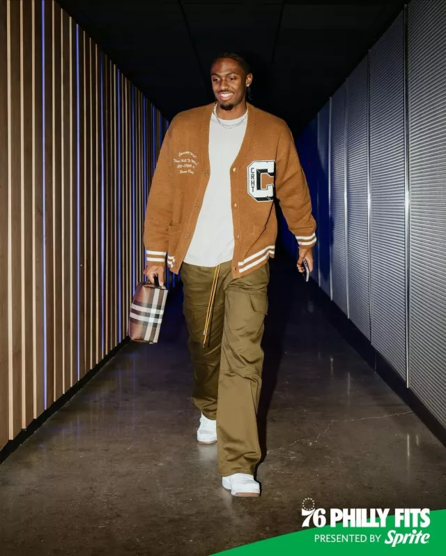 Rhude Khaki Olive Green 'Plateau' Cargo Pants worn by Tyrese Maxey on the Instagram account @sixers