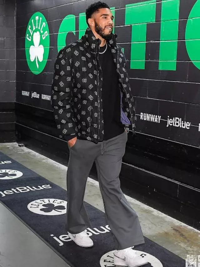 Dolce & Gabbana Black Denim Allover DG Puffer Jacket worn by Jayson Tatum on the Instagram account @celtics