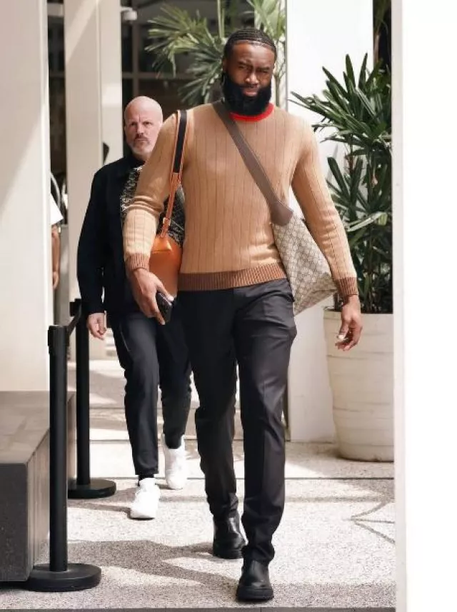 Gucci Beige GG Web Stripe Jackie 1961 Bag worn by Jaylen Brown on the Instagram account @celtics