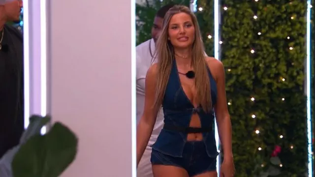 Edikted Women's Ciel Split Front Denim Halter Top worn by Iris Kendall as seen in Love Island (S07E10)