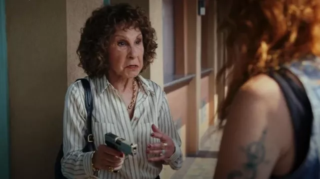 Frame Slim Pocket Shirt worn by Beatrix Hasp (Rhea Perlman) as seen in Poker Face (S02E03)
