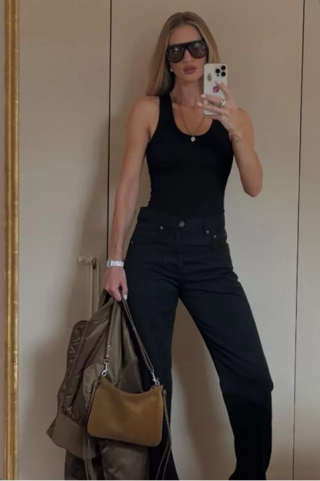 Phoebe Philo Small Gig Bag in Toffee Suede worn by Rosie Huntington-Whiteley on her Instagram Post on June 28, 2025