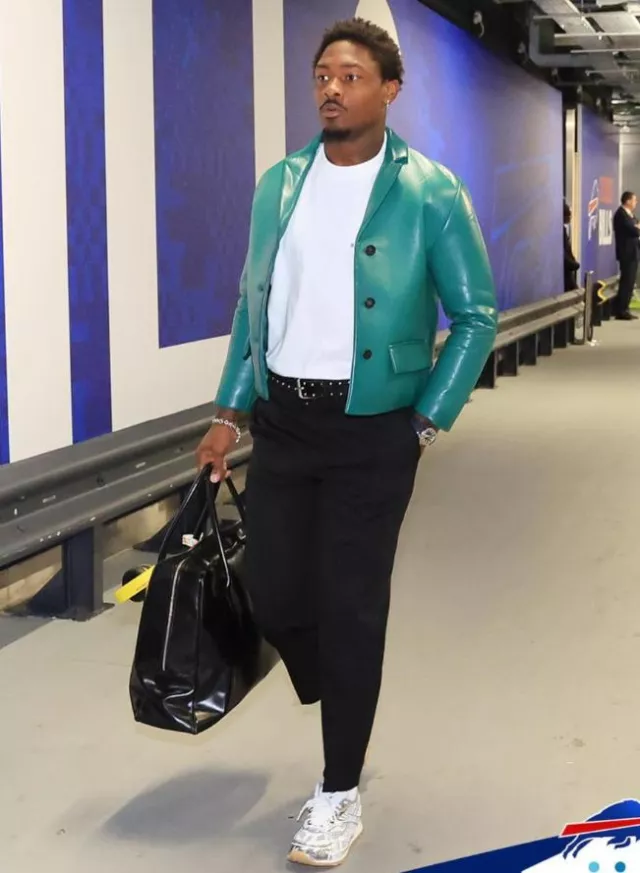 Miu Miu Teal Leather Cropped Jacket worn by Stefon Diggs on the Instagram account @buffalobills