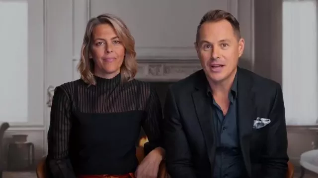 Veronika Maine Sheer Flared Sleeve Knit Top In Black worn by Alex Ormerod as seen in Billion Dollar Playground (S01E01)