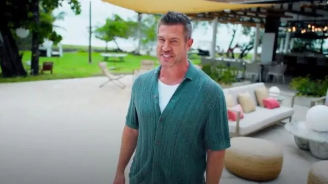 Vince Crochet Cabana Shirt in Marlin Teal worn by Jesse Palmer  as seen in Bachelor in Paradise (S10E01)