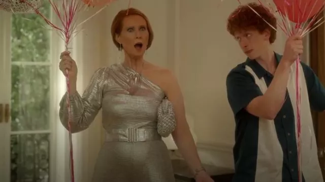 Melissa Odabash Charlie Silver Asymmetrical Jumpsuit worn by Miranda Hobbes (Cynthia Nixon) as seen in And Just Like That… (S03E07)