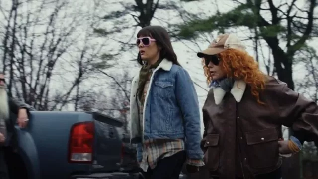 Khaite Brown Leather Shearling Collar Aviator Jacket worn by Charlie Cale (Natasha Lyonne) as seen in Poker Face (S02E01)