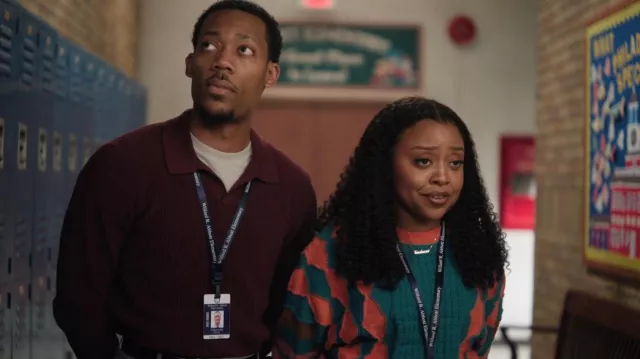 Cider Round Neckline Position Stripe Knitted Crop Sweater worn by Janine Teagues (Quinta Brunson) as seen in It's Always Sunny in Philadelphia (S17E01)