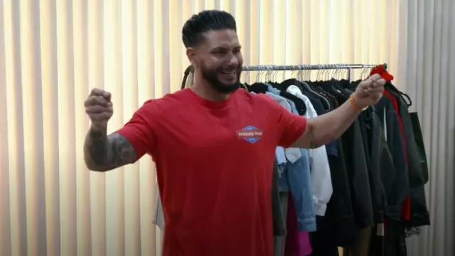 Happy Dad Front and Back Logo Tee worn by Pauly D as seen in Jersey Shore: Family Vacation (S08E08)