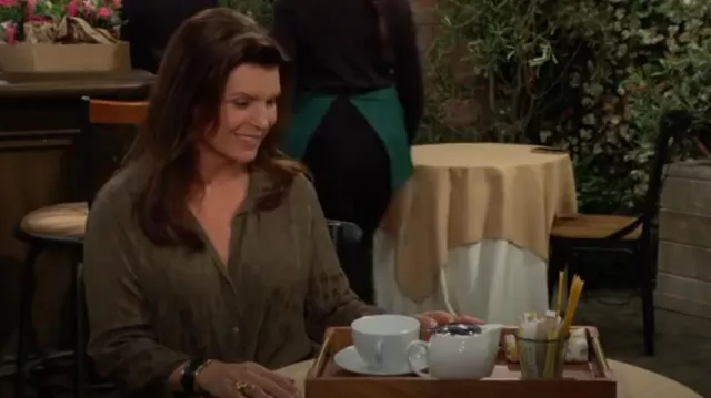 Bella Dahl Flowy Shirt in Herb Green worn by Sheila Carter ( Kimberlin Brown) as seen in The Bold and the Beautiful on July 17, 2025