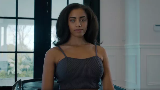 Alo Yoga Denim Knit Garter Top worn by Eve (Kiara Barnes) as seen in Accused (S02E08)
