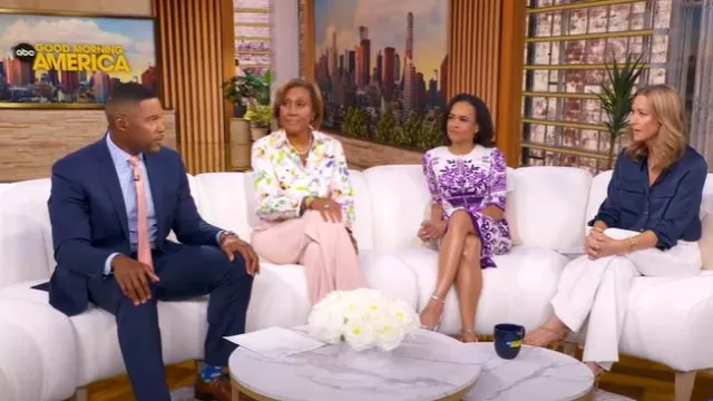Chemise courte à effet satin Zara portée par Lara Spencer vue dans Good Morning America le 21 juillet 2025