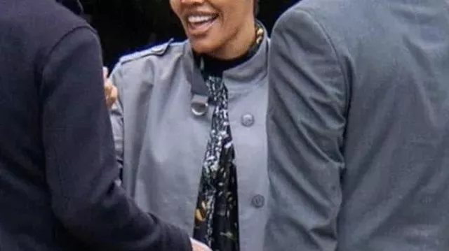 One Battle After Another 2025 Teyana Taylor Grey Coat worn by Perfidia (Teyana Taylor) in The Battle of Baktan Cross
