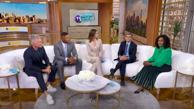 Hobbs Vida Skirt in Navy Green worn by Ericka Sóuter as seen in Good Morning America on July 29, 2025
