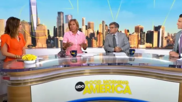 Me + Em Textured Pleat Front Midi Dress worn by Rebecca Jarvis as seen in Good Morning America on August 5, 2025