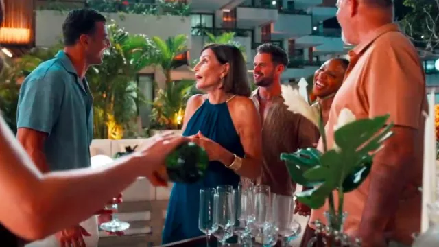 SLNY Vestido de volantes de gasa con cuello adornado en Iris usado por Kathy Swarts como se ve en Bachelor in Paradise (S10E06)