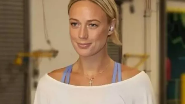 Indiana Fever Off The Shoulder Crop Top worn by Sophie Cunningham in the YouTube video 3 EJECTED after fight as Sophie Cunningham stands up for Caitlin Clark