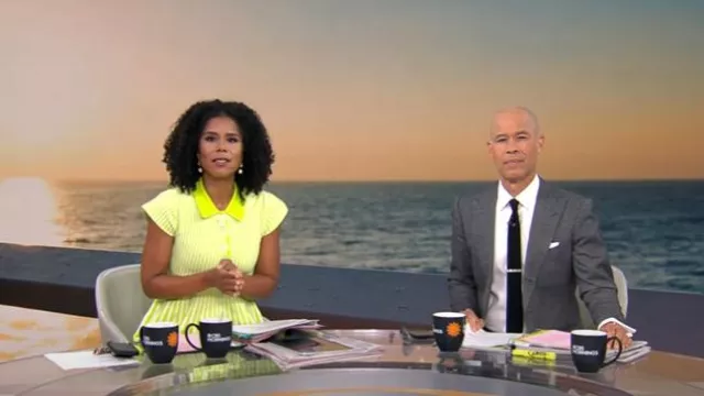 Vestido Mini de Suéter de Manga Corta con Ajuste de Polo y Acampanado Mare Mare usado por Adriana Diaz como se ve en CBS Mornings el 1 de agosto de 2025