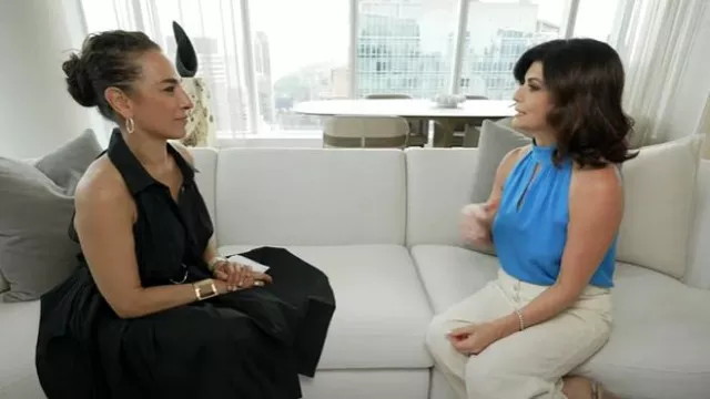 Elie Tahari Pleated Fit & Flare Belted Halter Midi-Dress worn by Michelle Miller as seen in CBS Mornings on August 3, 2025