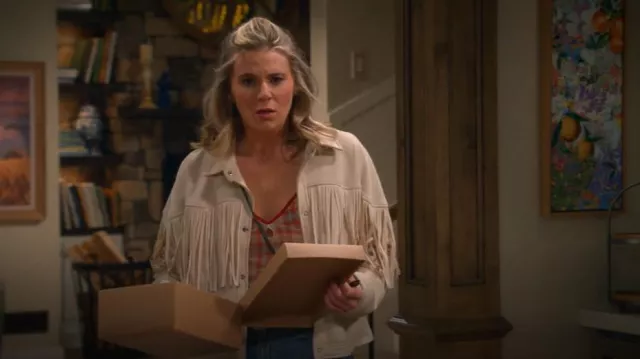 Fringe Trim Drop Shoulder Suedette Jacket FairyHover worn by Josie (Hannah Pilkes) as seen in Leanne (S01E07)