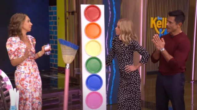 Floret Studios Floral Satin Faux Wrap Midi Dress worn by Shannon Doherty as seen in LIVE with Kelly and Mark on August 11, 2025