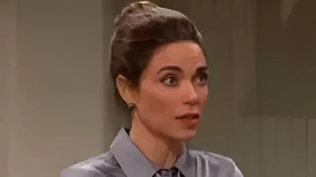 This Grey Shirt With Neck Tie worn by Victoria Newman (Amelia Heinle) in The Young and the Restless (S52E127)