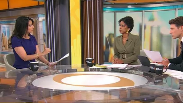 Vestido Boss Duranita usado por Celine Gounder como se ve en CBS Mornings el 14 de agosto de 2025