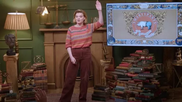 Pendleton Raglan Cotton Graphic Sweater worn by Elaine Carroll as seen in Smartypants (S02E03)