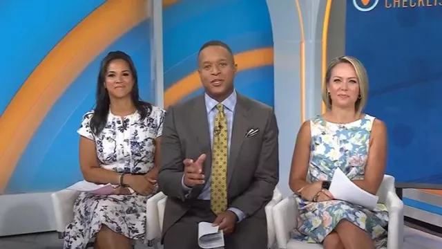 Robe à corsage croisé en jacquard floral Vince Camuto portée par Dylan Dreyer, comme on le voit dans Today le 25 août 2025