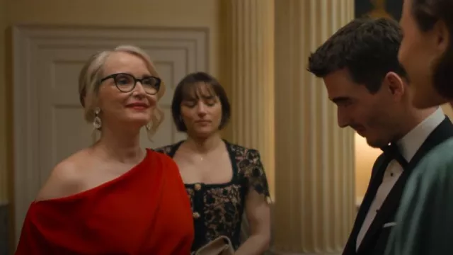 Betsy & Adam Red Off-the-Shoulder Gown worn by Vivienne Toussaint (Julie Delpy) as seen in Hostage (S01E01)