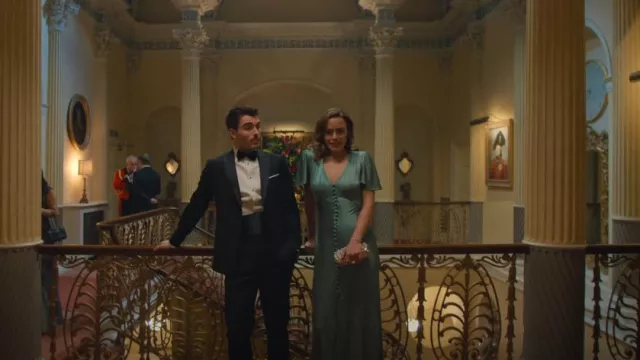 Ghost London Blue Satin Short Sleeve Button-Front Maxi Dress worn by Saskia Morgan (Sophie Robertson) as seen in Hostage (S01E01)