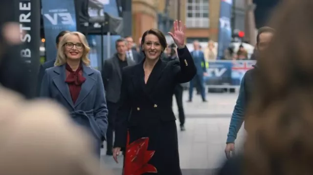 Alexander McQueen Black Floral Print Asymmetric Double Breasted Coat worn by Abigail Dalton (Suranne Jones) as seen in Hostage (S01E01)