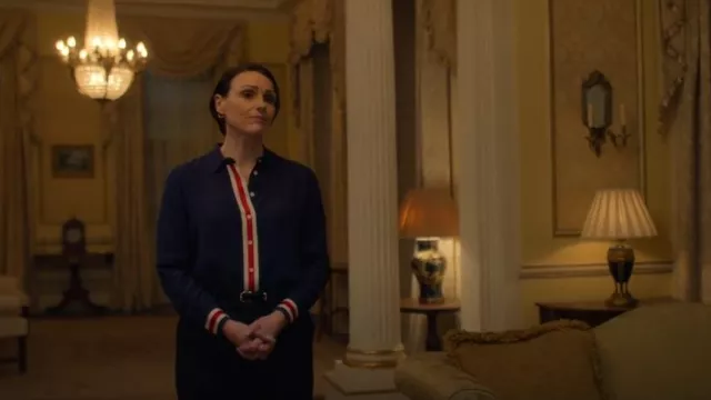 Bode Navy Blue Contrast Stripe Button Down Shirt worn by Abigail Dalton (Suranne Jones) as seen in Hostage (S01E02)