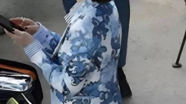Blazer azul estampado usado por Emily Cooper (Lily Collins) en la serie de televisión Emily In Paris S05