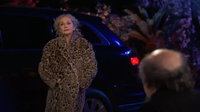 Manteau léopard en fausse fourrure hirsute d’Amazonie porté par Gail l’escargot (Mary Lynn Rajskub) comme on le voit dans It’s Always Sunny in Philadelphia (S17E08)
