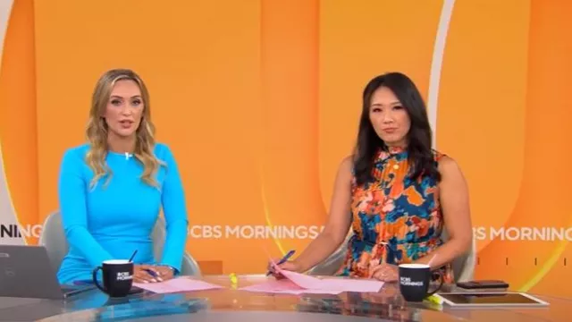 Vestido plisado con cinturón de estampado abstracto Tahari ASL usado por Nancy Chen como se ve en CBS Mornings el 27 de agosto de 2025