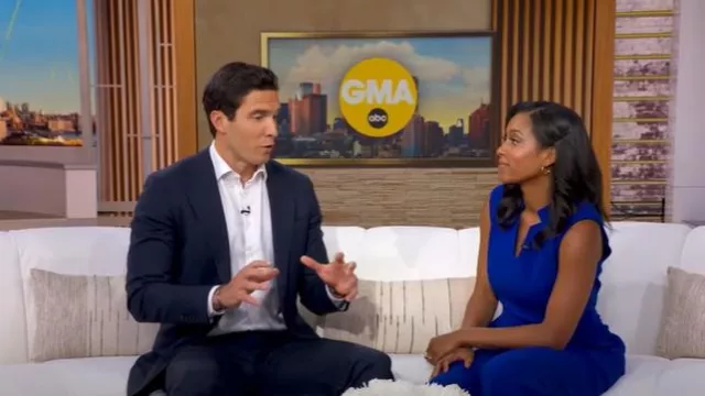 Combinaison large en crêpe sans manches Tahari ASL portée par Rachel Scott comme vue dans Good Morning America le 28 août 2025