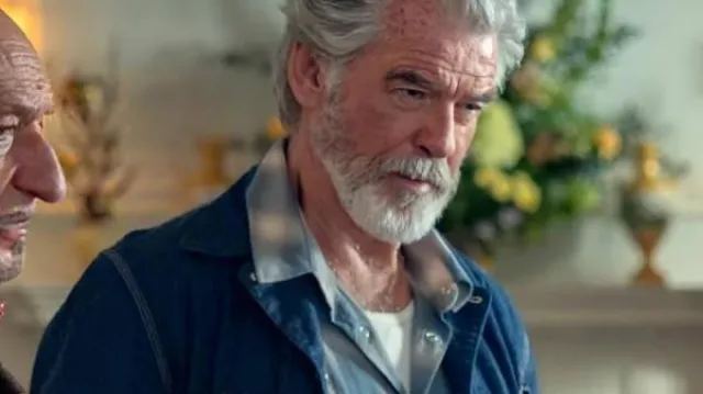 The Thursday Murder Club 2025 Pierce Brosnan Blue Denim Jacket worn by (Pierce Brosnan) in The Thursday Murder Club
