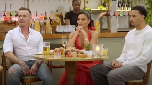 House of CB Marilyn Red Twill Halter Midi Dress worn by Olivia Hawkins as seen in Celebs Go Dating (S014E10)