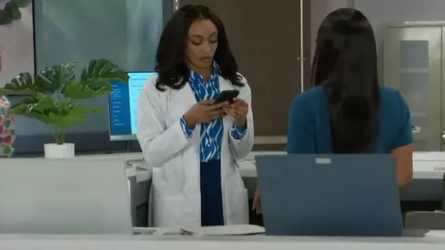 On 34th Button-Front Crepe Shirt in Seaport Combo worn by Madison Montgomery (Kenjah) as seen in Beyond the Gates (S01E122)